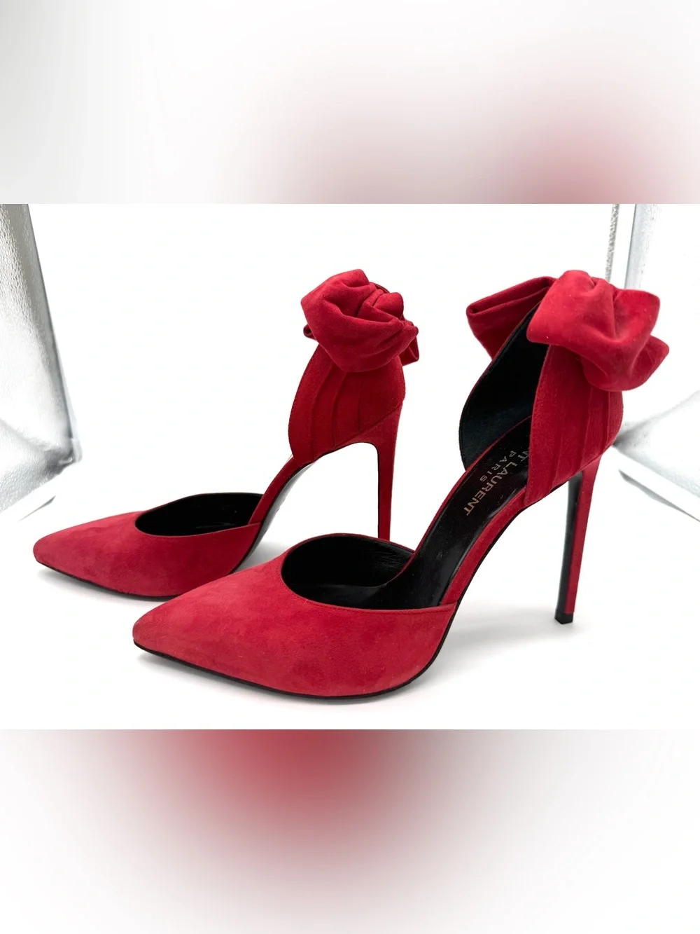 Saint Laurent Skinny 105 D'Orsay Bow Embellished Suede Pumps – Red – Size 37.5 - Picture 7 of 14